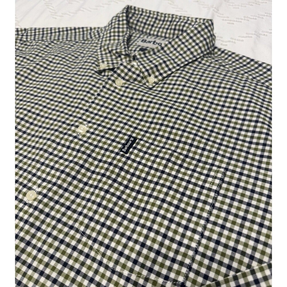 Barbour Gingham 11 Men's Large Tailored Fit Green Blue Check Flannel Shirt NWOT